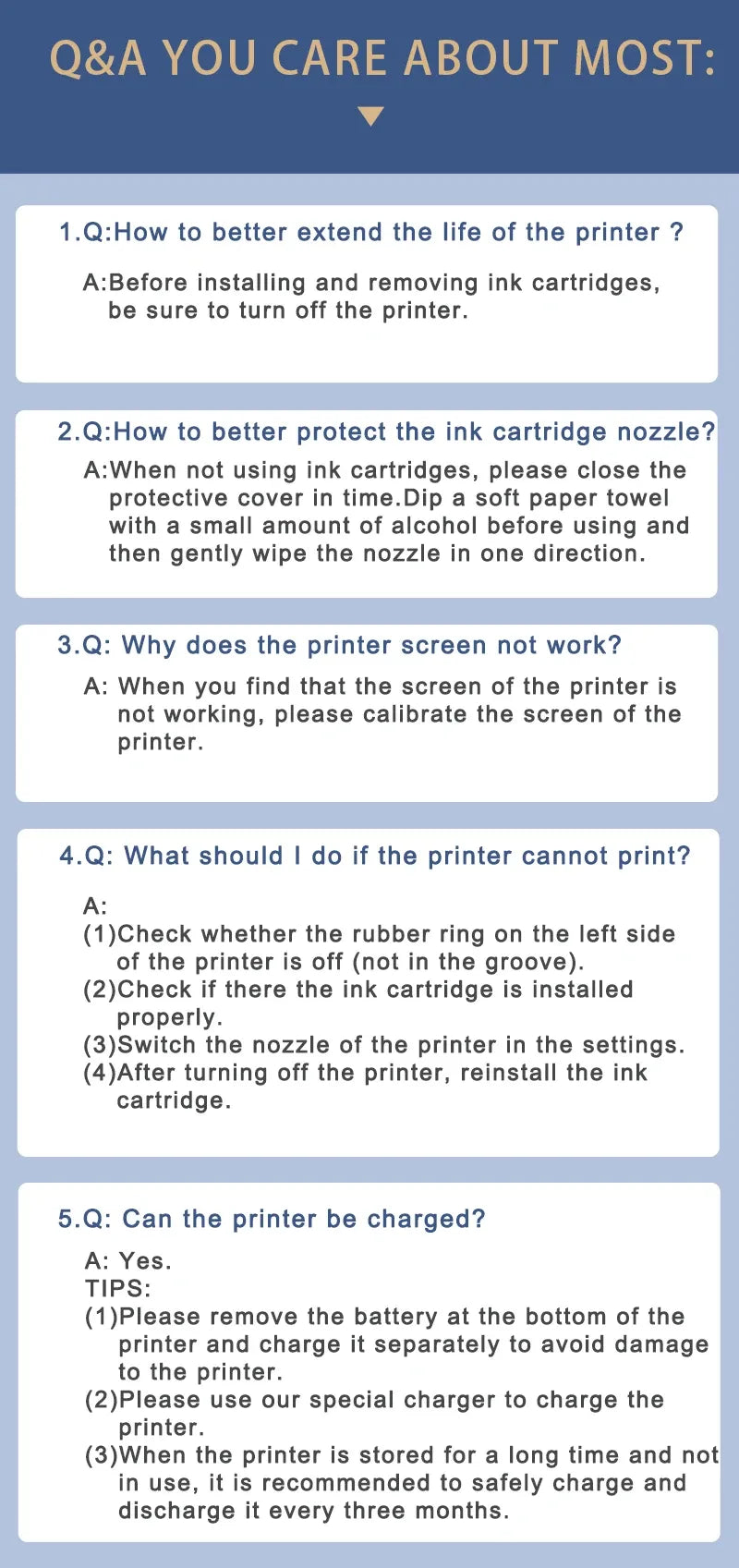 Care instructions sheet for handheld inkjet printer, Q&A on screen and cartridge
