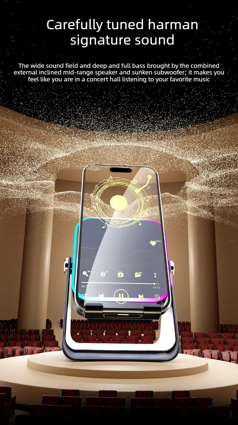 NEW 5 in 1 Auto-induction Wireless Induction Speaker 8 Mode RGB Light Phone Stand Surround Sound Portable Bluetooth Phone Holder