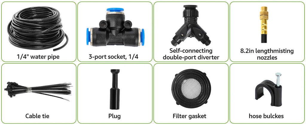 Drip irrigation kit components: coiled tubing, connectors, filter gasket, and hose clips