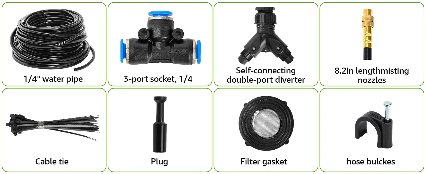 Drip irrigation kit components: coiled tubing, connectors, filter gasket, and hose clips