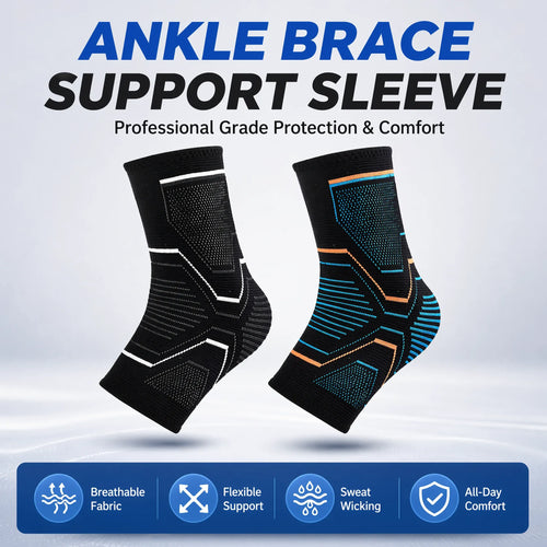 Black breathable knit ankle brace support sleeve for pain relief and orthopedic compression.