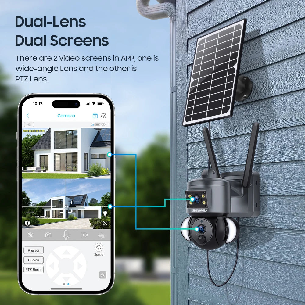 Dual-lens solar security camera mounted outside beside a solar panel
