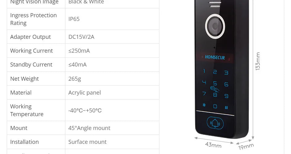 4 Wire Waterproof Doorbell Camera B10AF-B Password RFID Access for HOMSECUR WIFI FHD 1080P Video Doorphone Intercom