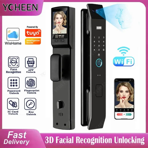YOHEEN 3D facial recognition smart door lock, touchscreen panel, Wi-Fi icon, app control