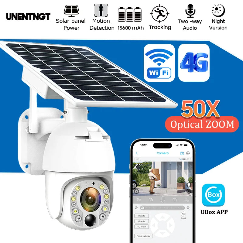 50X Optical Zoom Solar Camera Replaceable Battery 4G SIM/Wifi Home Outdoor Security PTZ Motion Detection/Track Surveillance Cam