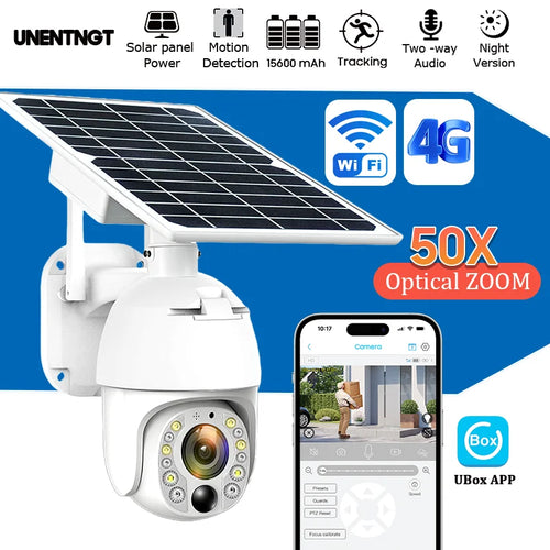 White solar PTZ security camera with hinged solar panel and dome lens