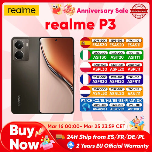 Realme P3 5G smartphone, grey, front and back view, AMOLED display, 50MP AI camera, Global version anniversary sale.