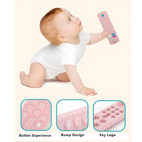 Pink silicone remote control baby teething toy for soothing gums.