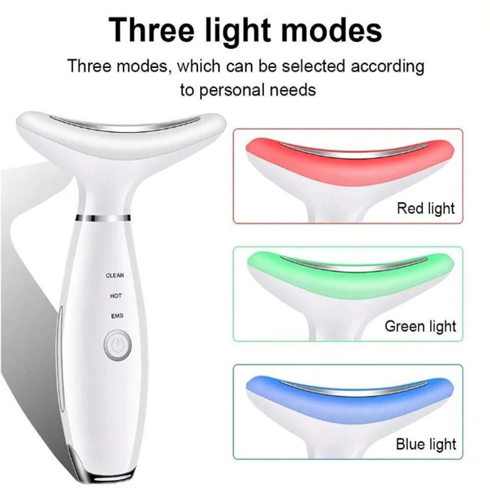 White handheld facial and neck massager with a curved head featuring red, green, and blue light therapy modes.