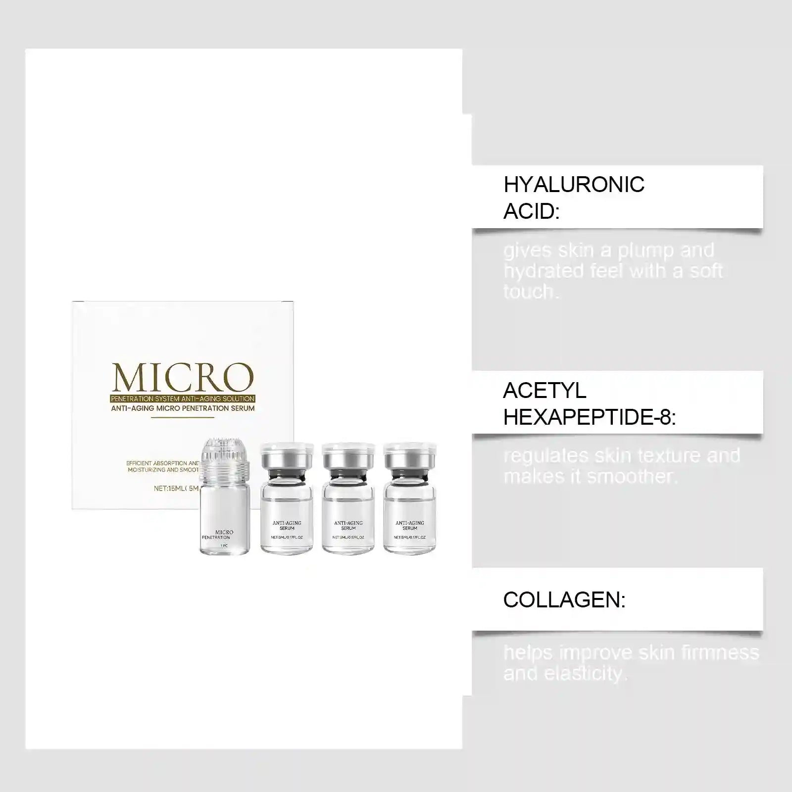 Collagen anti-aging serum set including a white product box and four small clear glass vials with silver caps.