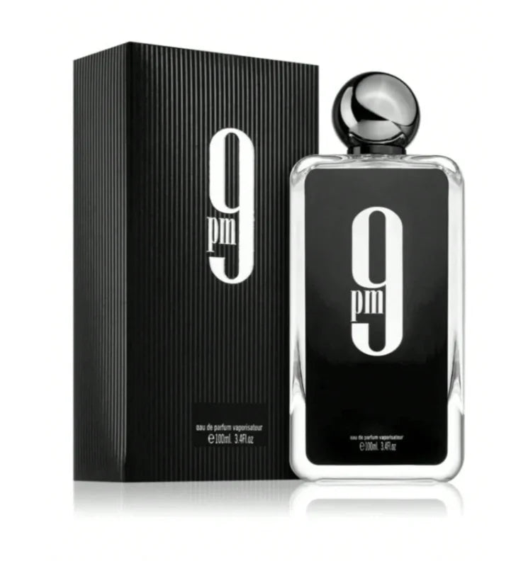 Afnan 9 PM 100ml men's Extrait de Parfum in a sleek, rectangular glass bottle with a round black cap. Gift idea.