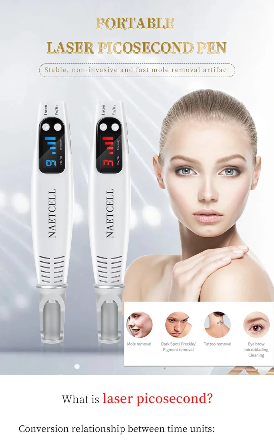 Portable white picosecond laser pen for facial mole, tattoo, acne scar, and dark spot removal with digital display.