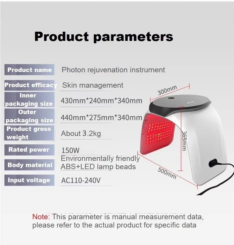 White ABS photon rejuvenation instrument for skin care with red LED interior, dimensions 500x365mm.