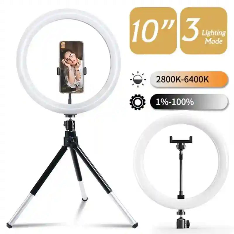 10-inch LED ring light with phone holder and tripod stand for video recording and photography.