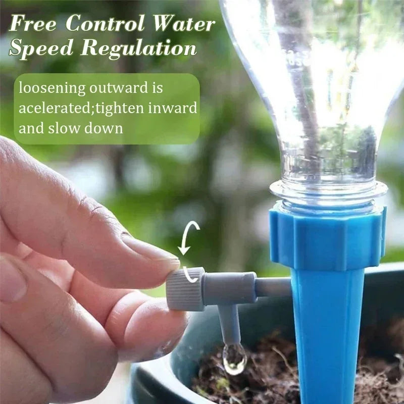 Blue self-watering drip stake with adjustable valve, near potted soil