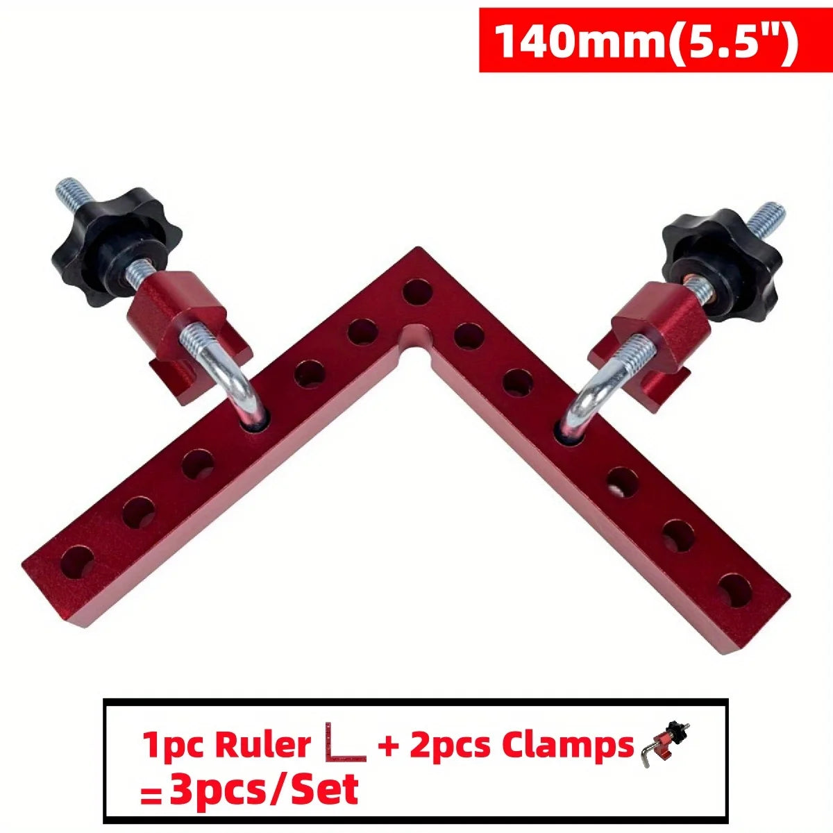 140mm red right-angle corner clamps with ruler scales and black screw clamp knobs