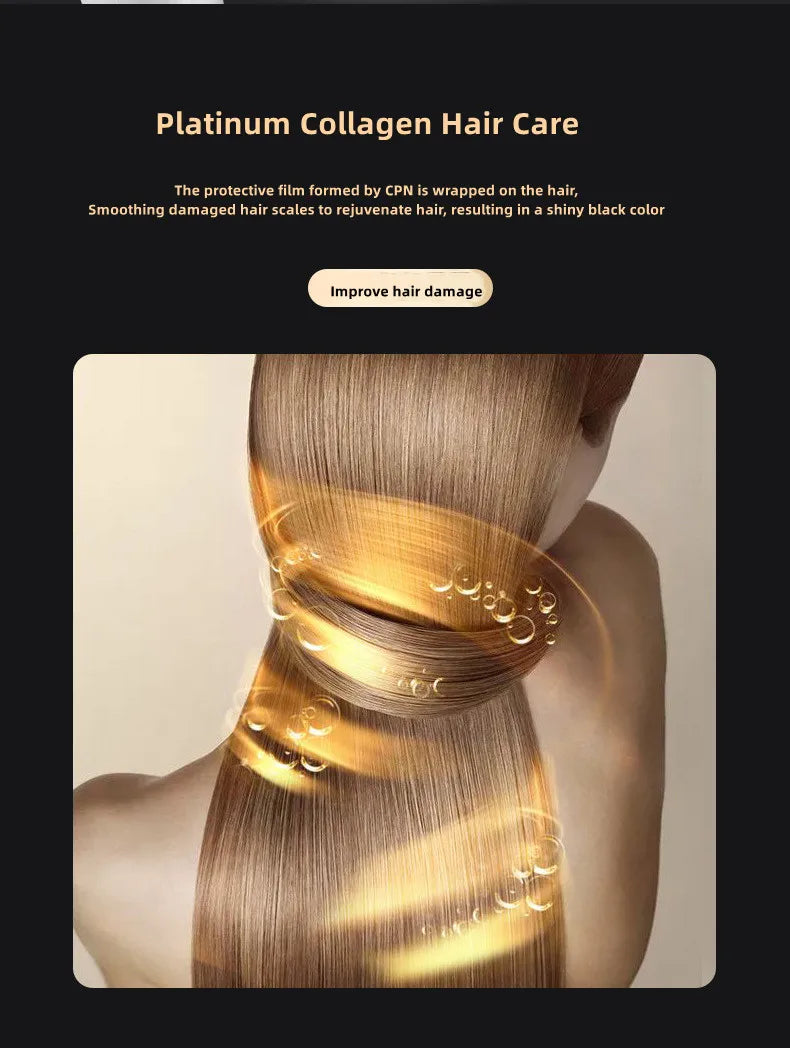 Platinum collagen hair care treatment smoothing damaged hair scales for shiny, healthy, and rejuvenated hair results.