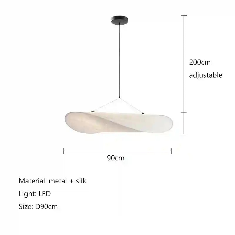 90cm wide oval silk and metal pendant light with adjustable cord, suitable for modern ceiling lighting.