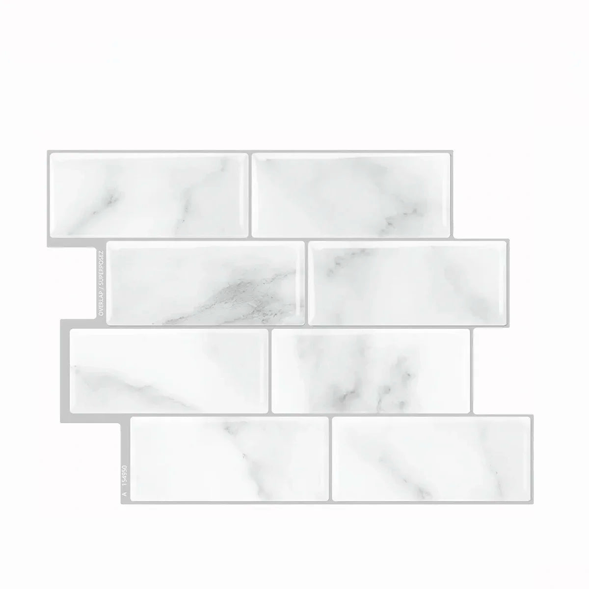 Peel-and-stick backsplash tile set, white marble veined rectangular tiles