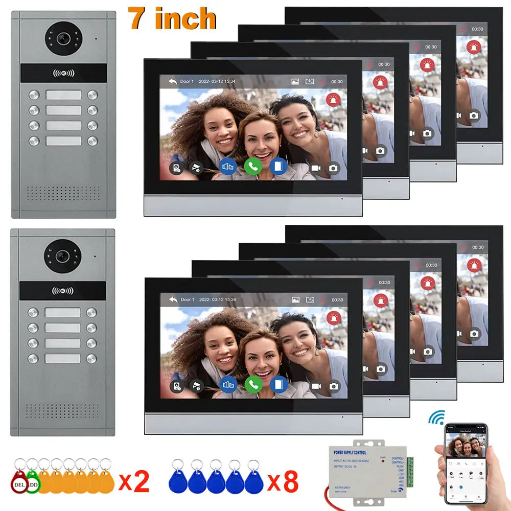 7 inch Touch Screen Video Doorbell Intercom 4 Wired Tuya WiFi Video Doorphone System for 5/6/8 Family Apartment RFID Card Unlock