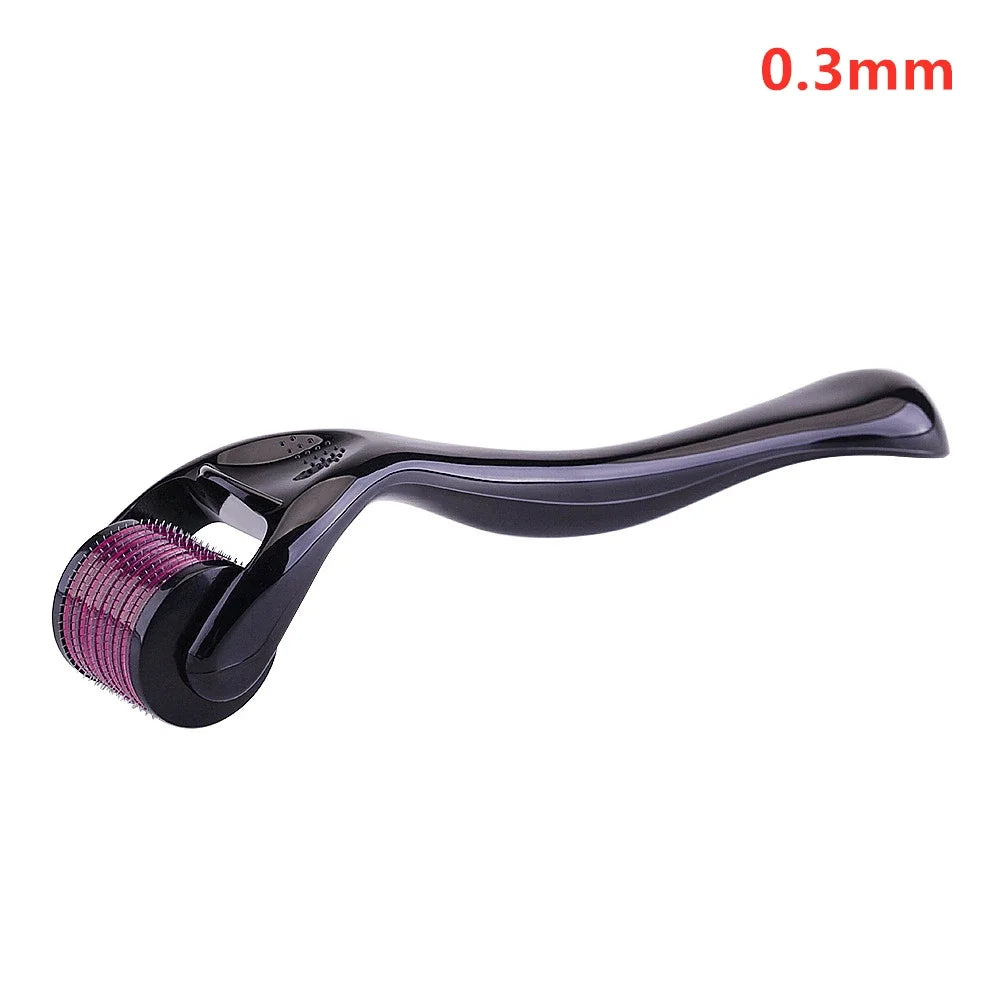 Black derma roller with a purple 0.3mm needle head for professional skin and beard care.