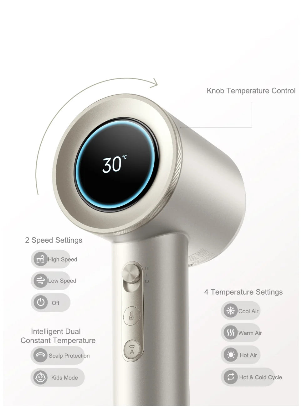 MIJIA High-Speed Hair Dryer with smart temperature display, knob control, and 4 heat/2 speed settings in silver.