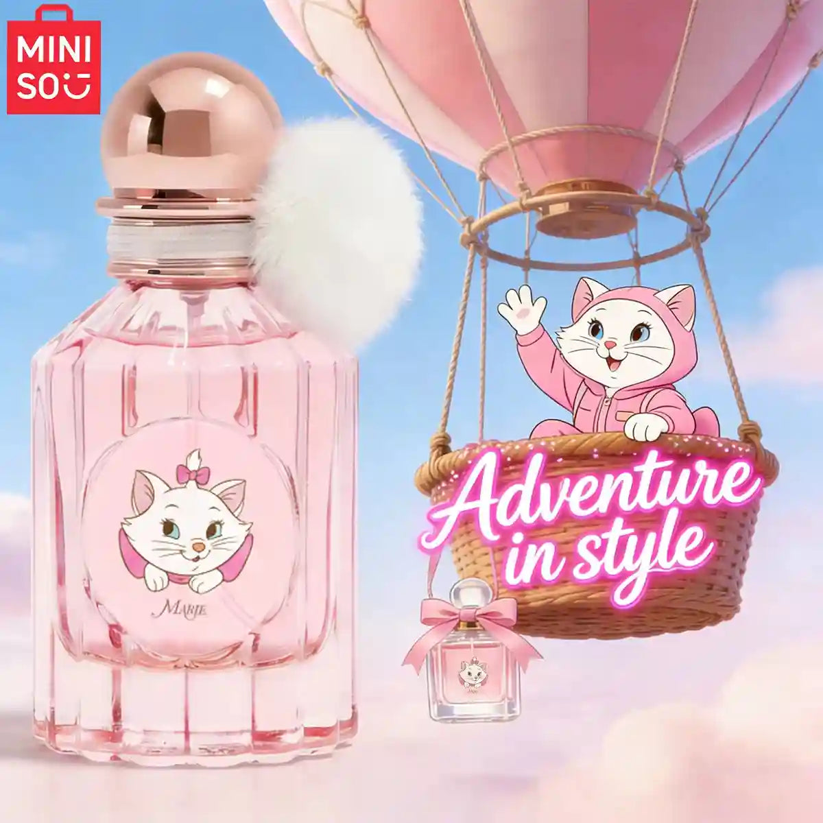 MINISO Disney Marie 50ml floral fruity perfume for women, pink glass bottle with fluffy pom-pom, cute gift spray.