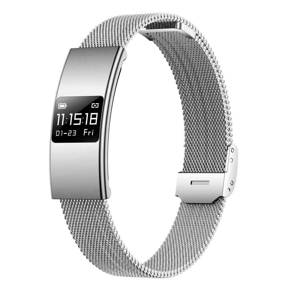 Silver smart bracelet fitness tracker with metal mesh band and rectangular display