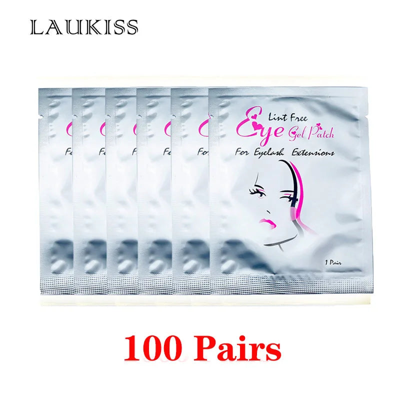 Lint-free under-eye gel patches in silver foil packaging for professional eyelash extensions, 100-pair bulk set.