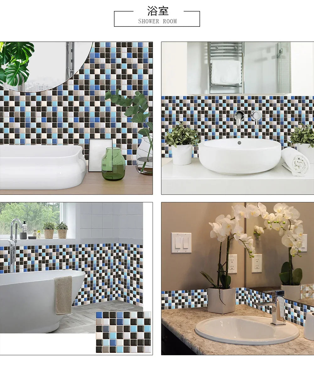 10pcs/set 10/15/20/30cm Flat Marble Mosaic Hard Tiles Wall Sticker Kitchen Bathroom Floor Diagonal Decor Wallpaper PVC Art Mural