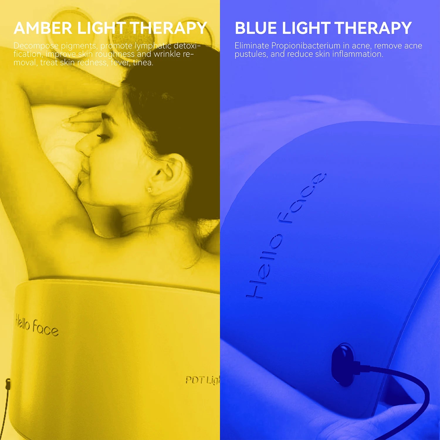 Hello Face LED light therapy mask shown in a split-screen with amber and blue light color effects.