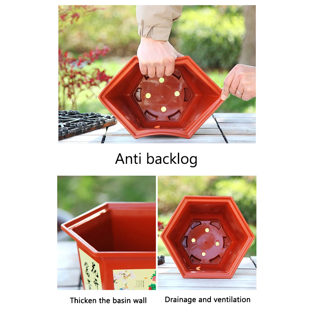 Red resin flower planter with octagonal rim and drainage holes