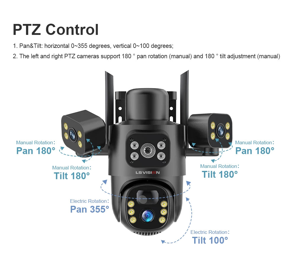 LS VISION 4G / WiFi Solar Camera 3Lenses Outdoor 15MP 4K Low Power Battery IP Camera PIR Night Vision V380 Pro CCTV Security