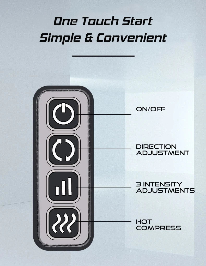Electric foot massager control panel showing buttons for power, direction, intensity, and hot compress settings.