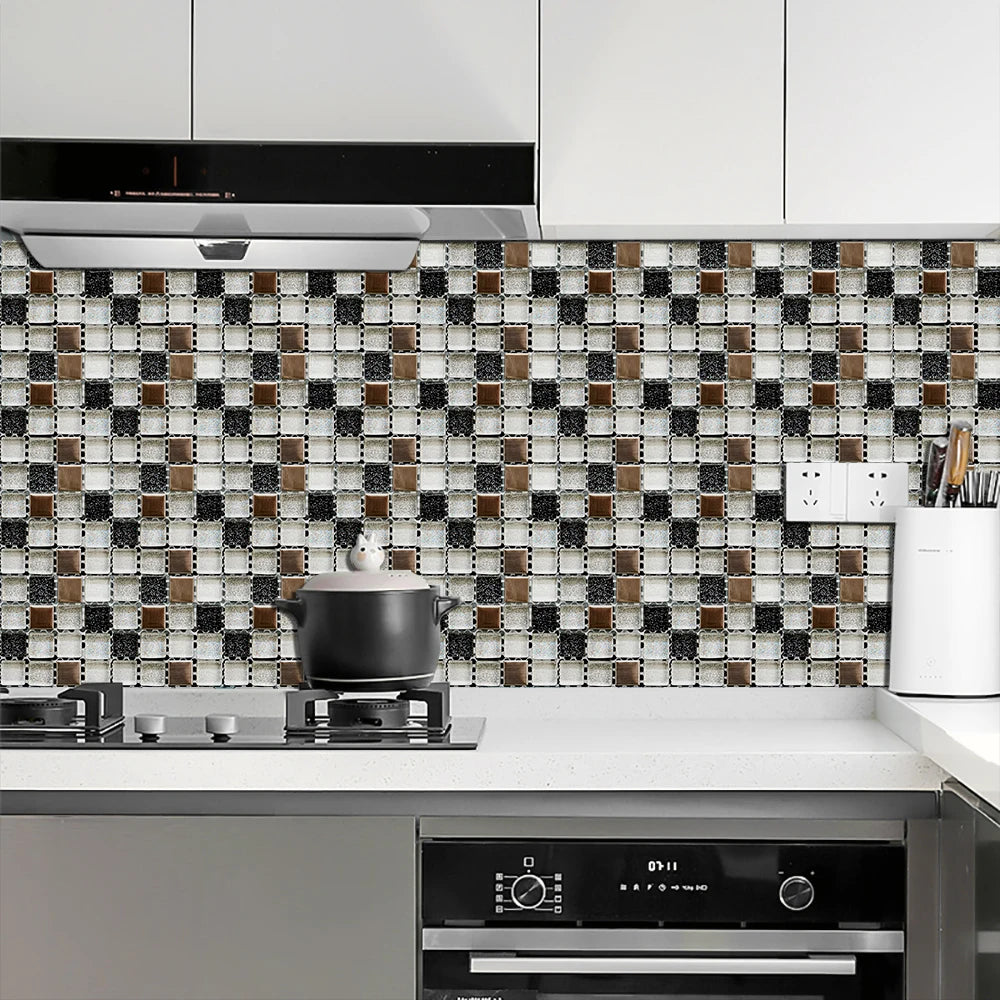 10pcs Flat Mosaic Style Tiles Sticker Kitchen Bathroom Waterproof & Oilproof Art Wall Sticker Peel & Stick Surface Glossy Film