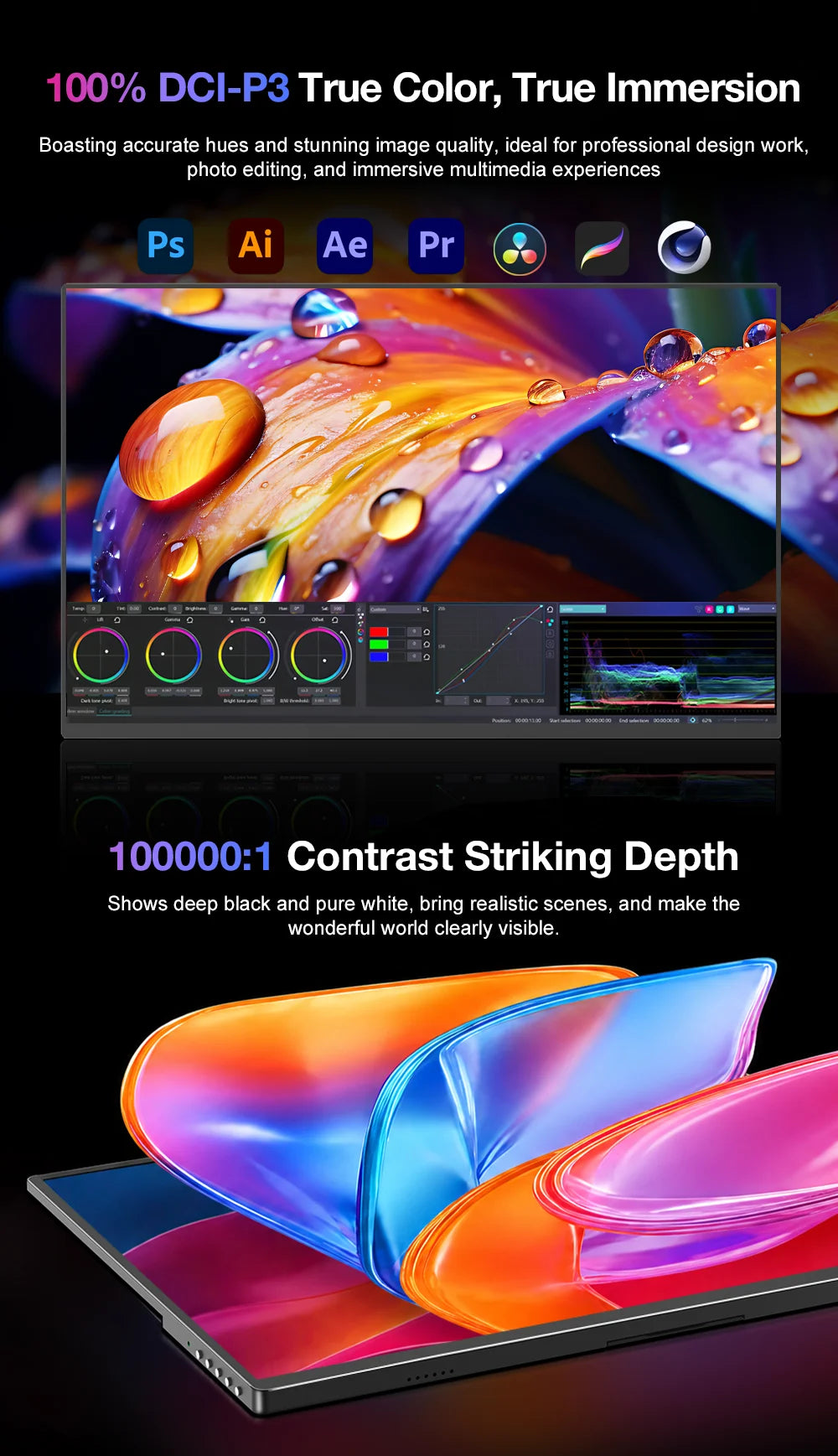 FORZOLA 16" 2K OLED Portable Monitor 120hz Gaming Display 100% DCI-P3 Laptop External Screen USB-C HDMI For Mac PC Mobile Phone