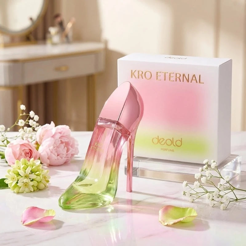 Deold Kro Eternal luxury 50ml women’s musk perfume in a stylish pink and green gradient high-heel bottle.
