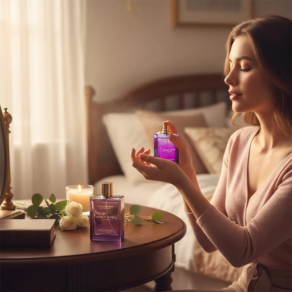 Starlit Glow floral EDT: 100ml purple square perfume bottle for women, luxury fresh scent spray for daily vitality.