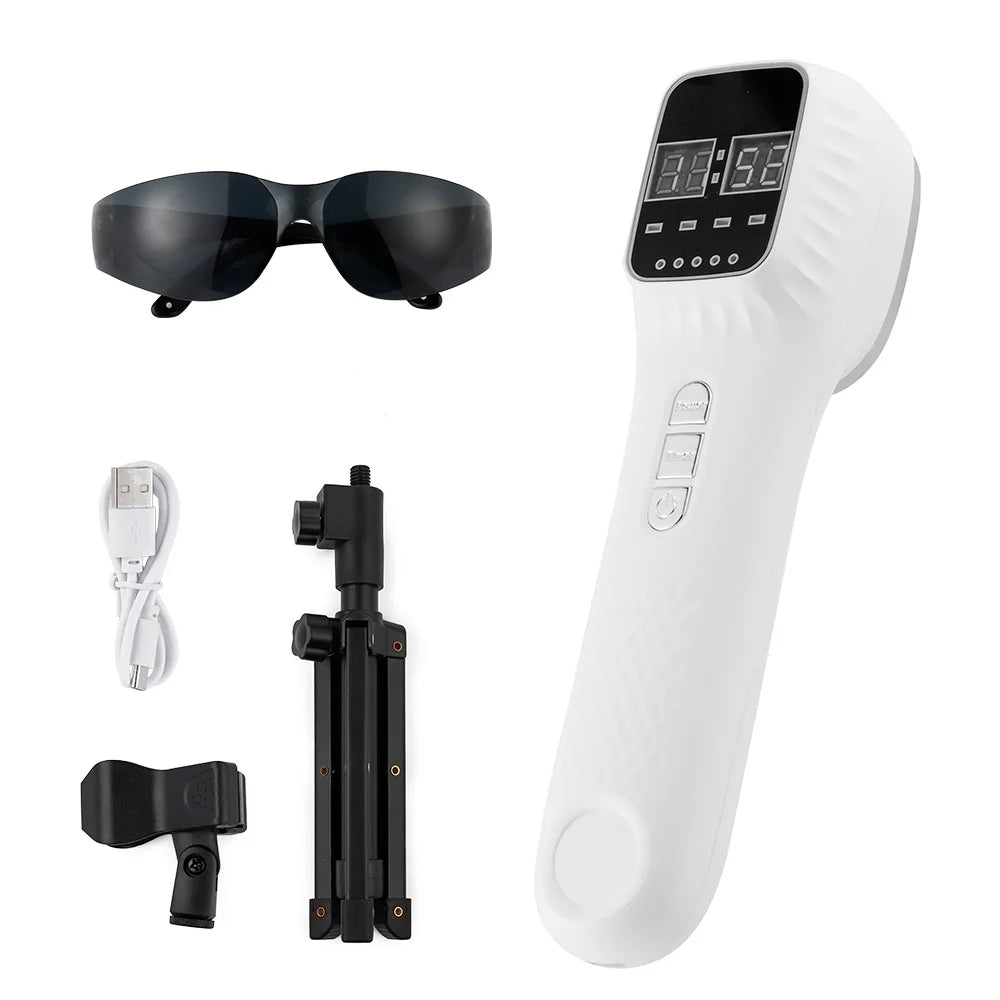 White handheld infrared light therapy device with black digital display, safety goggles, tripod stand, and USB cable.