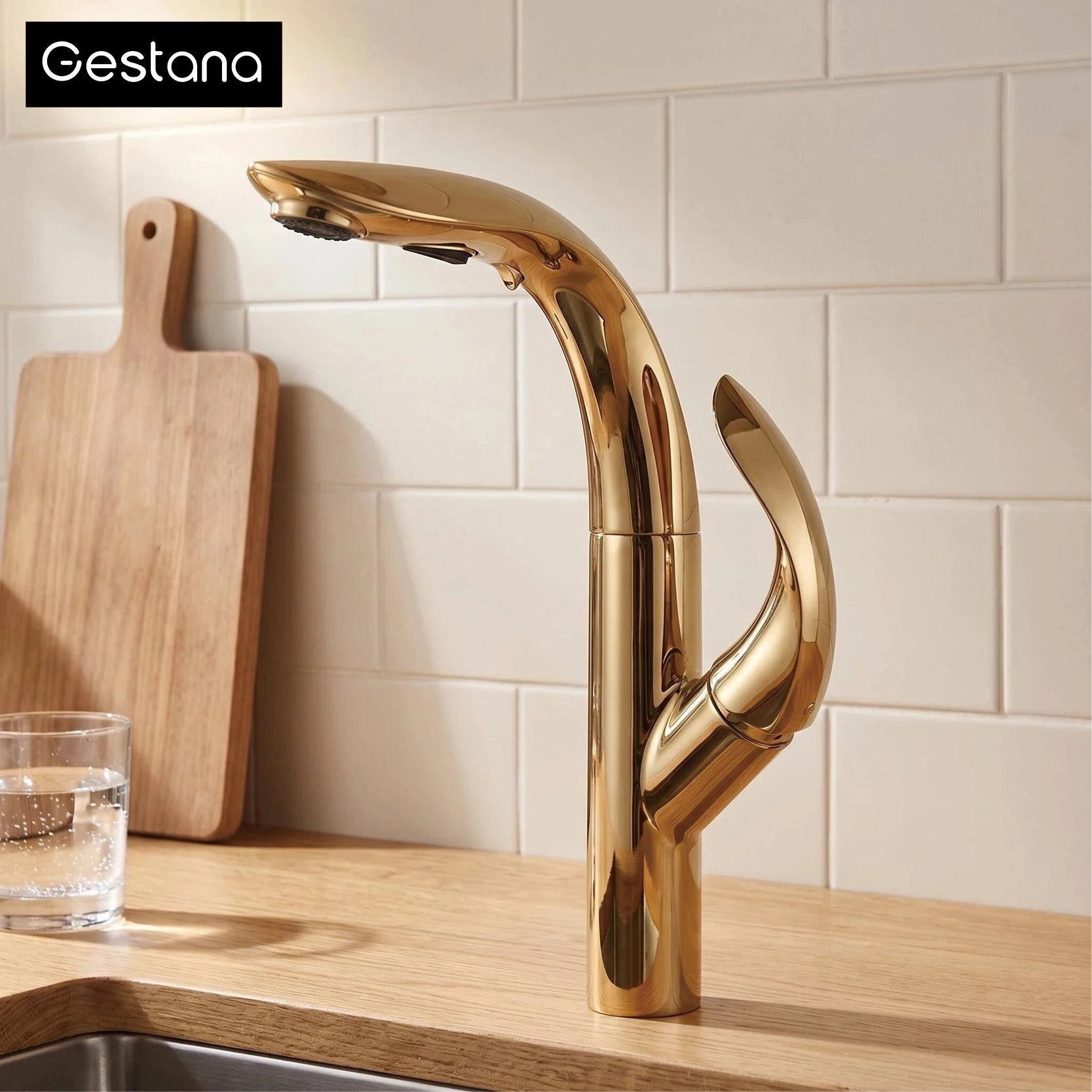 Luxury Brass Gold Touch Switch Kitchen Faucet Pull-Out Design 1 Hole Single Handle Hot and Cold Water Sink 2 Function Mixer