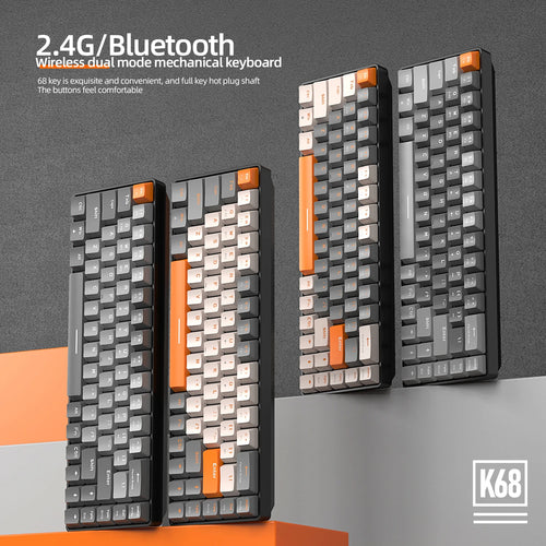 Ziyoulang K68 wireless 60% mechanical keyboard in grey and orange, featuring 68 keys and hot-swappable red switches.