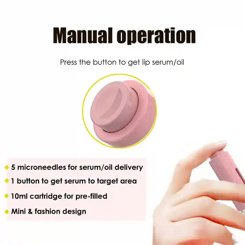 A pink, handheld serum applicator with a push-button mechanism and integrated microneedle tip for skincare.