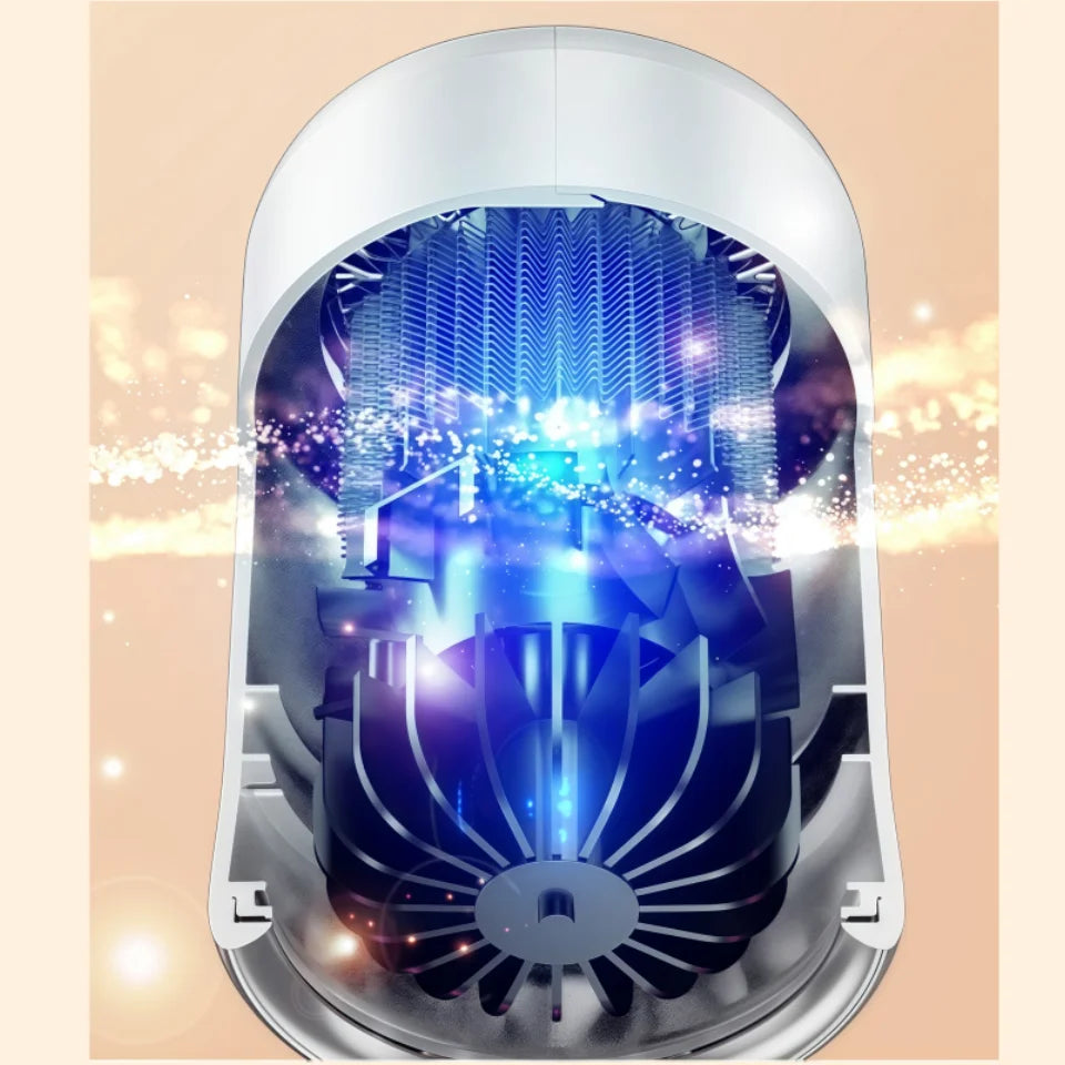 1800W white wall-mounted hair dryer showing internal blue light technology for fast, constant temperature drying.