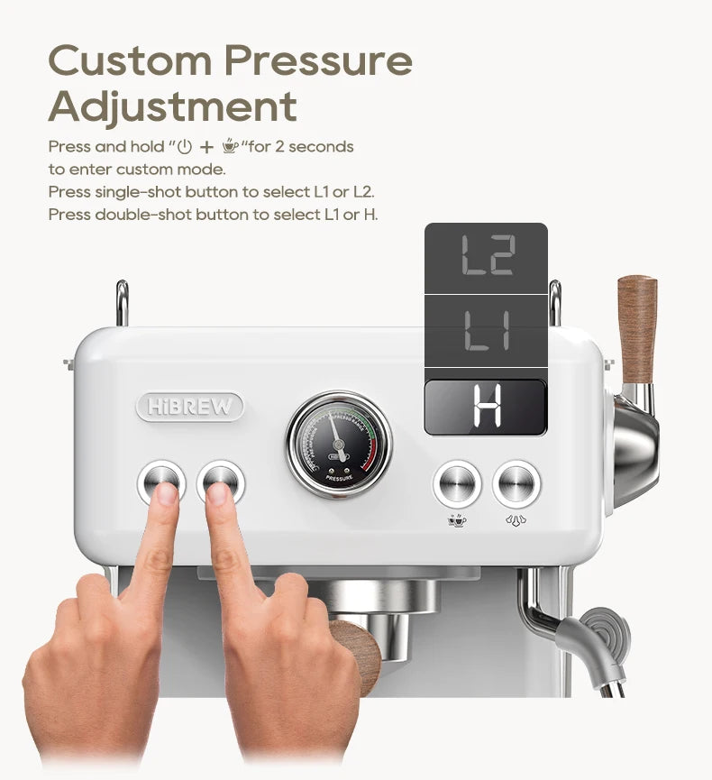 HiBREW white espresso machine showing custom pressure adjustment settings on a digital display interface.