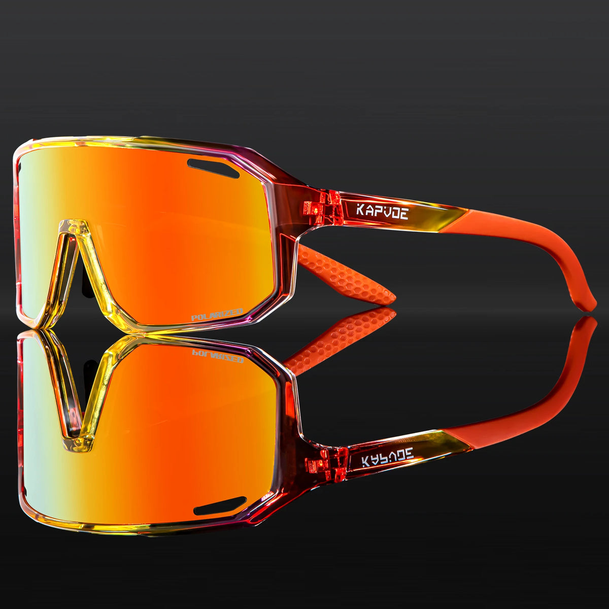 Sport sunglasses for kids with orange mirrored lenses and clear red frame accents