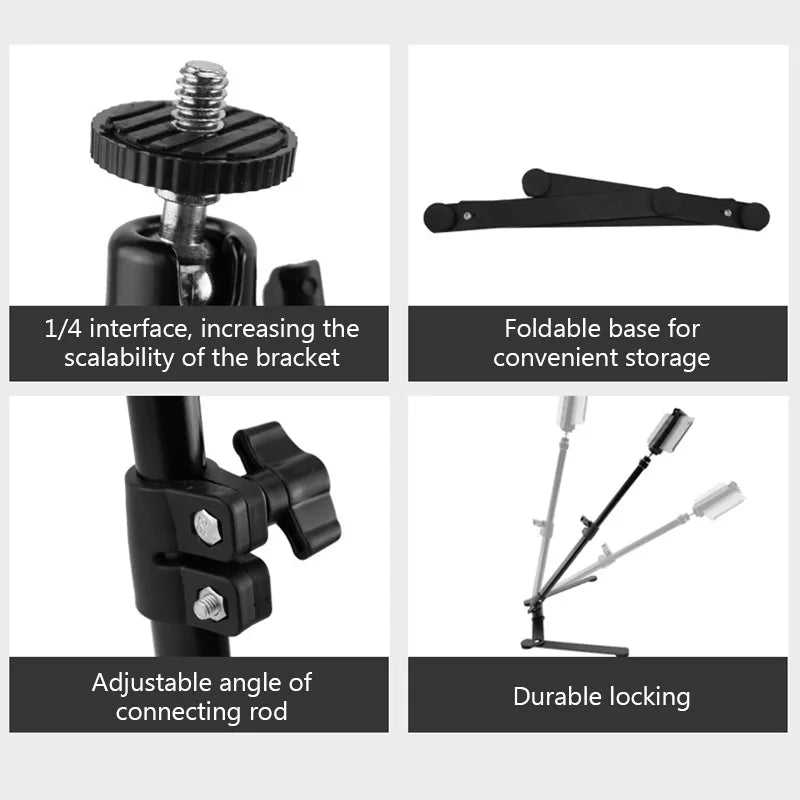 Black metal camera desk mount with 1/4-inch screw, foldable base, and adjustable locking joints for flexible