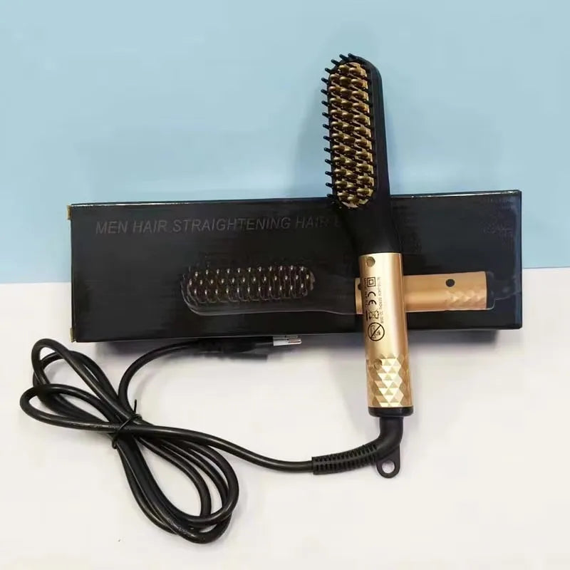 Portable gold and black electric beard straightener comb with heated bristles and cord in retail box.