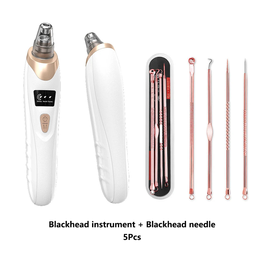 White electric blackhead remover with rose gold accents and a set of 5 rose gold stainless steel extraction needles.