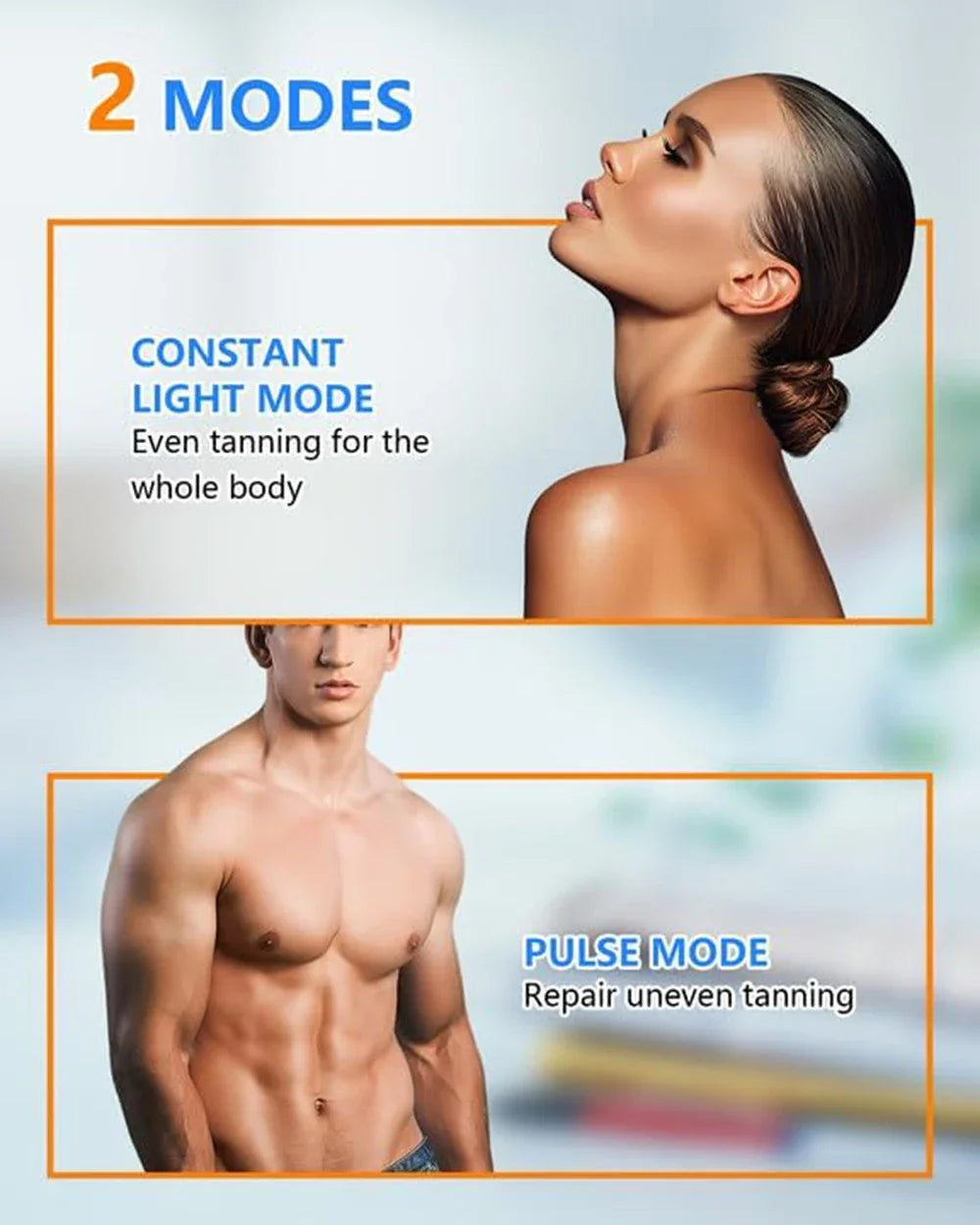 50W tanning lamp showing constant and pulse modes for even body tanning and skin repair with blue light technology.