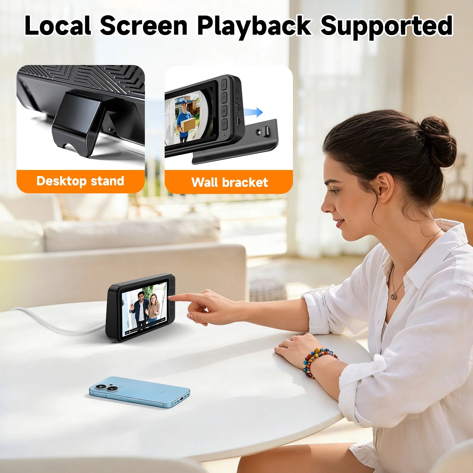 Video Doorbell HD Camera Night Vision No Monthly Fee Local Storage Up to 128GB Micro SD Card Two Way Talk IP66 Waterproof 300K Pixel Full Body View Local Screen Playback Desktop Stand Wall Bracket Day Night Protection for Hom